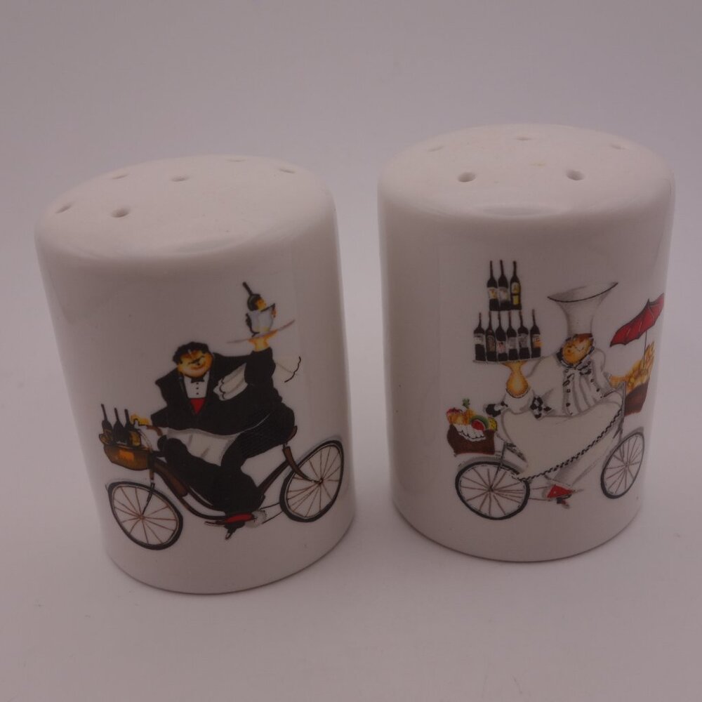 Oneida "Chefs to Go" Salt & Pepper Set featuring a Chef and a Waiter on Bicycle